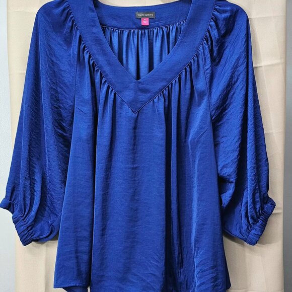 Vince Camuto Royal Blue Satin Blouse XL Women's 3/4 Balloon Sleeve V-Neck Tunic - Picture 2 of 8